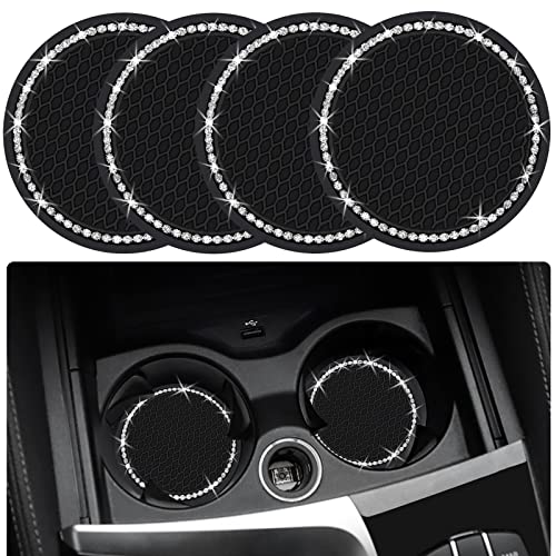4PCS 2.75 Inch Bling Auto Car Cup Holder Insert Coasters Silicone Anti-Slip Crystal Rhinestone Drink Car Cup Mat, Universal Vehicle Interior Accessories for Women Girls (Black) - color: Black, size: 4pack