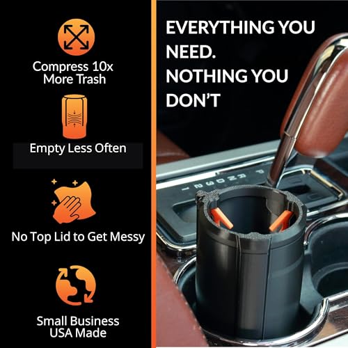 Trash Trapper Car Trash Can Cup Holder | Mini Car Trash Can | Fits in Most Doors | 5.1" x 2.9" | Traps More & Empties Less, Patent-Pending Compaction, Holds Weeks of Small Garbage, Black/Orange - color: Black/Orange, size: Original