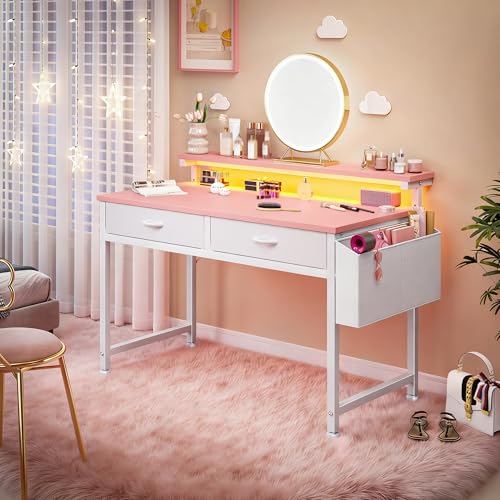 DurayLoly 31Inch Small Computer Desk with LED Lights & 2 Fabric Drawers, Gaming Desk with Side Pocket & Ergonomic Monitor Stand, Small Space Study Writing Table with Anti-Tip Design,Pink - color: Pink, size: 31.0 Inch
