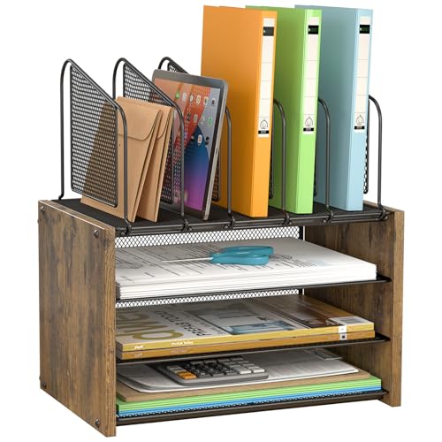 4-Tier Desk Organizer, Desk File Organizer with 5 Vertical File Holders, Office Desktop Organizer with 3 Level Paper Organizer Letter Tray, Wooden Desk Organizers and Accessories for Home Office - size: No Drawer