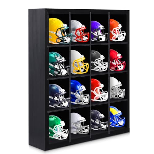 Colingmill 1 Pack Mini Helmet Display Case Pocket Size Football Helmets Wooden Stand Display Cabinet Wall Racks, 11.54"x10.35"x2.4", 4x4 Grid, Black, No Door No Cover(Black) - color: Black