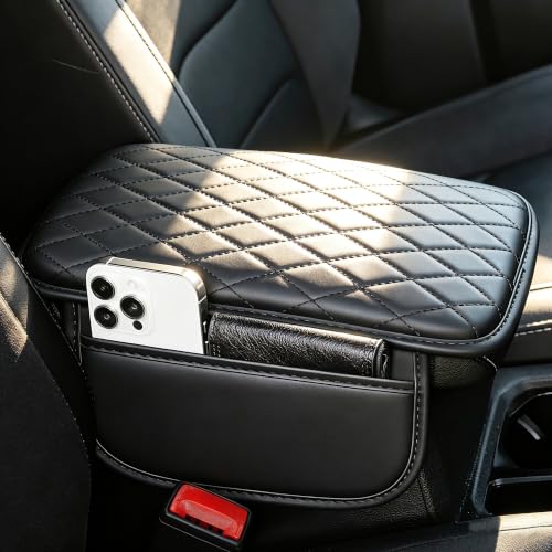 YORKNEIC Car Arm Rest Cover for Ford Explorer with Storage Bag(Black) | Faux Leather Waterproof Center Console Cover Anti-Scratch Multi-Functional Armrest Pad with 2 Storage Pockets for Explorer - color: 001#Black, size: Fit for Ford Explorer
