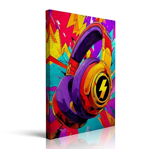 Canvas Wall Art Framed Music Headphone Vibrant Colorful Graffiti Urban Street Art Wall Decor for Game Room Man Cave Music Studio Contemporary Modern Pop Art Vintage Funky Cool Decor 16x24 Inches - color: earphone, size: 24"L x 16"W