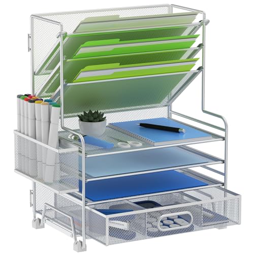 MINDEPOT 4-Tier Paper Organizer + 3-Pocket File Holder + Drawer + Pen Holders, Desktop File Organizers Paper Tray for Office Supplies School Classroom Organization (Silver, with Drawer & Pen Holder) - color: Silver, with Drawer & Pen Holder