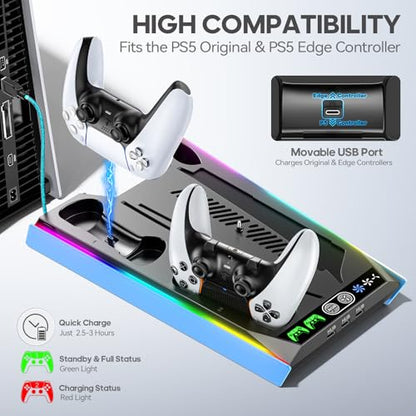 Rysker PS-5/Slim/Pro Stand for Disc & Digital, PS-5 Cooling Station with Dual Controller Charger for PS-5 Console, 3-Level Fan PS-5 Controller Charger Accessories Stand (Starlight Blue) - color: Starlight Blue