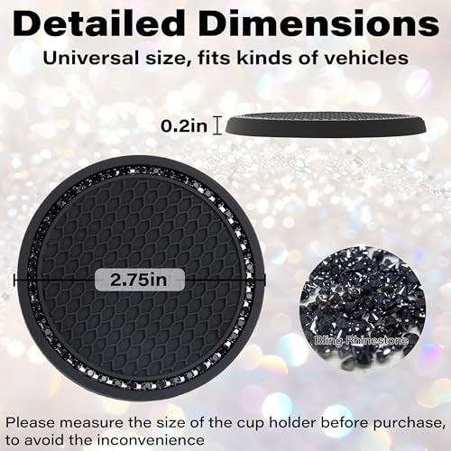 BFXM 2 PCS Bling Cup Holder Coasters for Car, 2.75 inch Diamond Universal Non-Slip Silicone Cup Holder Coasters, Sparkly Bling Car Accessories for Women(Black Diamond) - color: Black Diamond on Black Set