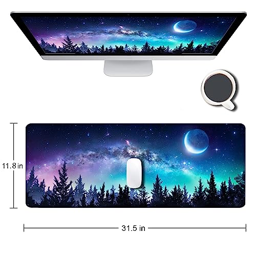Gaming Large Mouse Pad with Stitched Edges, Galaxy Desk Mat, Extended Keyboard Pad, Non-Slip Rubber Base Desk Pad for Keyboard and Mouse, 31.5X11.8 inch, Moon Starry Sky - color: 16 Moon Starry Sky