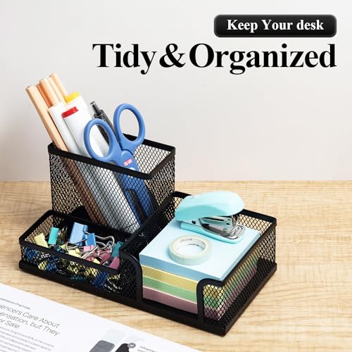 M&G Mesh Pen Holder Desk Organizers Pencil Holder for Desk Black, 3 Compartments Metal Office Supply Organizer with Sticky Notes Holder for School Home Office - color: Black
