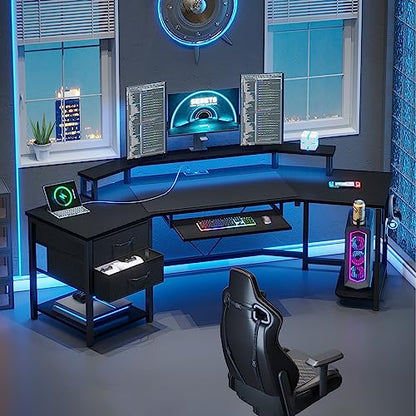 SEDETA 79" Gaming Desk, Computer Desk with 2 Fabric Drawers & LED Light, L Shaped Gaming Desk with Storage Shelf for Home Office, Carbon Fiber Black - color: Carbon Fiber Black