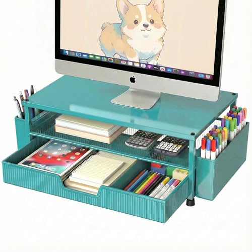 ECOLOVI Desk Organizer and Accessories, 2-Tier Computer Monitor Stand Rise with Storage Drawer & 2 Pen Holders, Laptop & Printer Stand for Desktop, Workspace Organizers for Office Supplies (Blue) - color: Blue