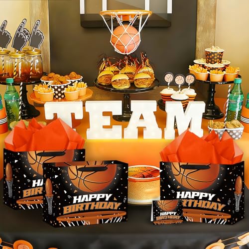 Hooqict Large Basketball Gift Bag with Handles, Tissue Paper, Greeting Cards Basketball Birthday Gift Wrap Bag for Kids Boys Men Sports Themed Goodie Treat Party Favors - color: Basketball