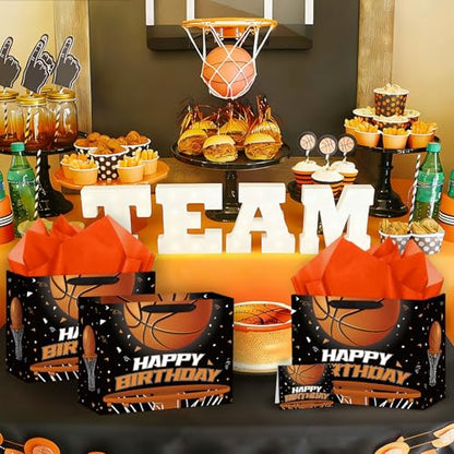Hooqict Large Basketball Gift Bag with Handles, Tissue Paper, Greeting Cards Basketball Birthday Gift Wrap Bag for Kids Boys Men Sports Themed Goodie Treat Party Favors - color: Basketball