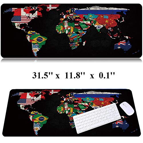 31.5x11.8 Inch Non-Slip Long Extended Large Gaming Mouse Pad with Stitched Edges XL Laptops Keyboard Mouse Mat(Black World Flag Map) - color: Black World Flag Map