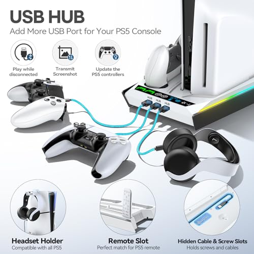 Rysker PS-5/Slim/Pro Stand for Disc & Digital Version, PS-5 Cooling Station with RGB Ambient Lighting, Controller Charger Built-in 3 Level Fan, PS-5 Cooling Stand for PlayStation 5 Case - color: White & Black