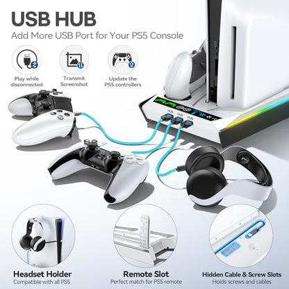 Rysker PS-5/Slim/Pro Stand for Disc & Digital Version, PS-5 Cooling Station with RGB Ambient Lighting, Controller Charger Built-in 3 Level Fan, PS-5 Cooling Stand for PlayStation 5 Case - color: White & Black