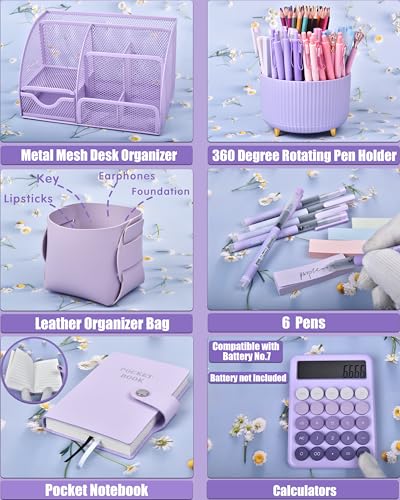 LXEVIHK 21Pcs Purple Desk Organizers and Accessories With Mesh Desk Organizer and 360°Rotating Pen Holder and a Lot of Office Purple Office Supplies Beautifully Presented in a Gift Box - color: purple
