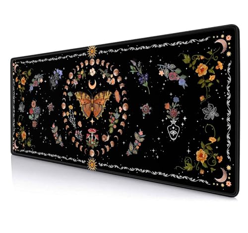 Gothic Moth Desk Pad Mat, Black Orange Large Mousepad, Moon Phases Desk Matt for Desktop, Suitable for Work, Gaming, Office, Home, Computer Accessories, 31.5 X 11.8 in, Floral Plant Aesthetic - color: Orange Butterfly Boho