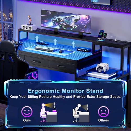 REAHOME 61 Inch Gaming Desk with Charging Station and LED Lights, Reversible Computer Desk with Storage Drawer and Monitor Stand, Modern Desk Table with File Cabinet & Side Pocket, Carbon Fiber Black - color: Carbon Fiber Black