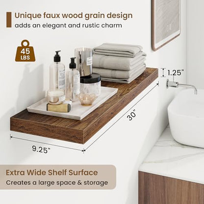 Marsmiles 30in Floating Shelves for Wall, 30" W x 9.25" D x 1.25" H, 2 Pack Long Wall Mounted Engineered Wood Shelves with Invisible Brackets for Living Room, Bedroom, Bathroom, Kitchen, Rustic Brown - color: Rustic Brown With Invisible Metal Brackets, si