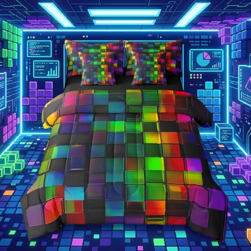 jejeloiu Pixelated Black Colorful 7 Piece Bedding Set Full Size,Geometric Check Video Games Bed in a Bag for Boys Girls,Gamepad Grid Comforter Set with Sheets,Pillowcases & Cushion Cover Room Decor - color: Black Colorful, size: Full