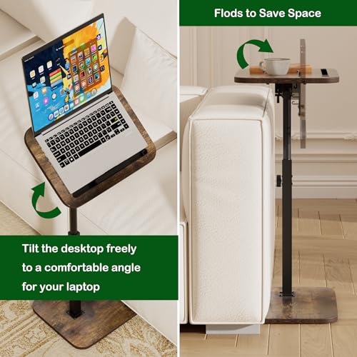 TV Tray Side Table for Couch - 360° Swivel Adjustable Height Rotating Sofa Table C Table End Table Laptop Desk with Phone & Tablet Slot, Perfect for Eating Working Reading, Fits Small Spaces - color: Rustic Brown