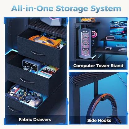 DUMOS L Shaped Gaming Desk with Shelves Storage Drawers 58'', Black Computer Desks with LED Lights Power Outlets, Office Wood Table with PC Stand Cable Management for Bedroom Dual Monitor Streaming