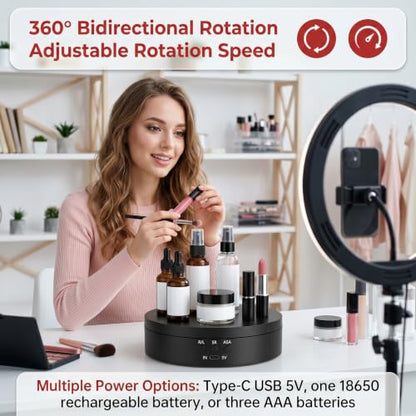 KAIMC Motorized Rotating Display Stand 3-in-1,360 Degree Electric Photography Turntable for Live Streaming, Jewelry Display, Watch, Collectibles,3 Speeds & 4 Angles Adjustable,USB/Battery Powered