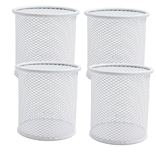 Pen Holder Mesh Pencil Holder Metal Pen Holder Cup Pencil Cup Holder for Desk Office Pen Organizer White, 4 Pack - color: White, size: 4 PACK Round