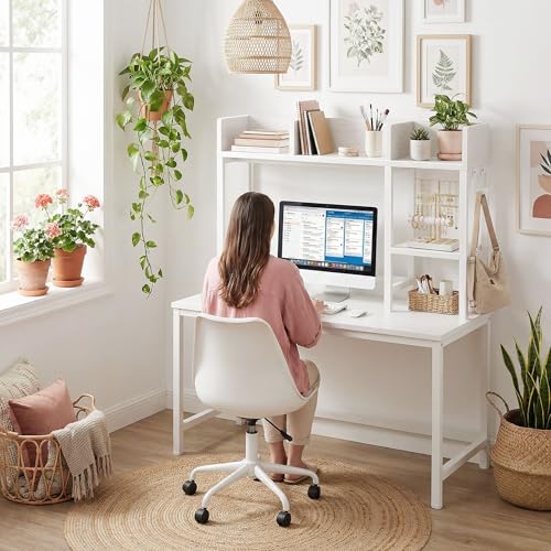 BOLUO Desk Hutch Dorm Room, Desktop Bookshelf for Computer Desk 37" Hutch Organizer Tabletop Storage Rack for College Essentials Home Office White