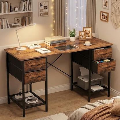 SUMELL 55 Inch Computer Desk with 4 Drawers, Rustic Brown Home Office Desk with Mesh Shelf for Gaming, Study, and Writing Workstation