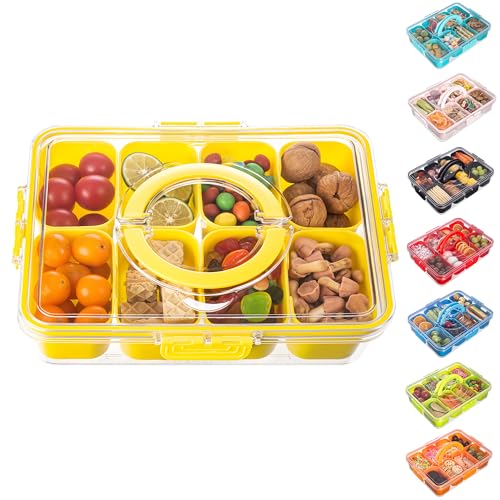 Dingerjar Divided Serving Tray with Lid and Handle - Snackle Box Charcuterie Container for Portable Snack Platters Organizer for Candy, Fruits, Nuts, Snacks - Perfect for Party, Entertaining, Yellow - color: Yellow