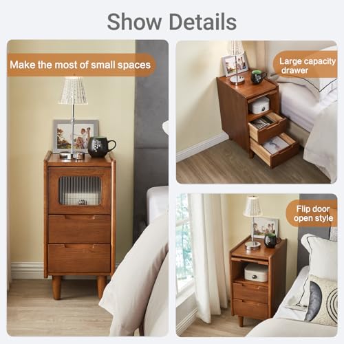 Narrow Nightstand 2 Drawers & Glass Door Cabinet with Open Shelf Narrow Night Stand Solid Wood Bedside Table Mid Century Modern Nightstand Wooden End Table for Bedroom, Living Room, Study, Office - size: 11.81"W × 15.75"D × 23.81"H