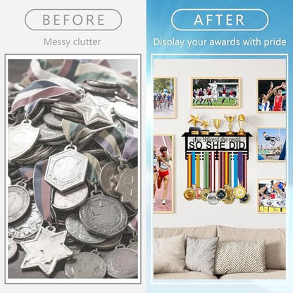 Resama Medal Hanger Holder Display Wall Rack Frame Shelf-Medal Hanger Awards Ribbon Soccer,Gymnastics,Holder Display Rack for 60 Medals - color: So She Did-T