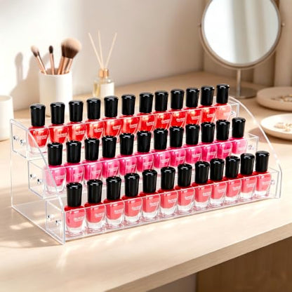 3 Tier Clear Acrylic Nail Polish Organizer, Multi-Purpose Desktop Storage Rack for Essential Oils, Ink Bottles, Eyeglasses, Small Jewelry & Mini Toys, Vanity Countertop Display Holder for Home, Nail Salon & Art Studio Holds Up to 36 Bottles (Fit 1-2oz Bot