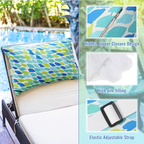 Juexica 2 Pack Chaise Lounge Pillow with Strap Outdoor Waterproof Beach Chair Neck Headrest Pillow Adjustable Elastic Band for Hammock Lumbar Recliner Pillows for Patio Pool Chair(Blue Green Pattern) - style: Blue Green Pattern