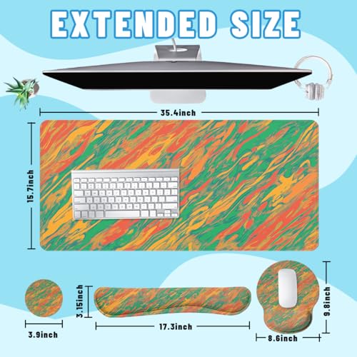Abstract Desk Mat Set Retro Color Swirl Large Mouse Pad with Wrist Rest 4in1 Desk Mat for Desktop Ergonomic Keyboard Wrist Support Anti-Slip Computer Ergonomic Mouse Pad Home Office Gaming - color: Abstract