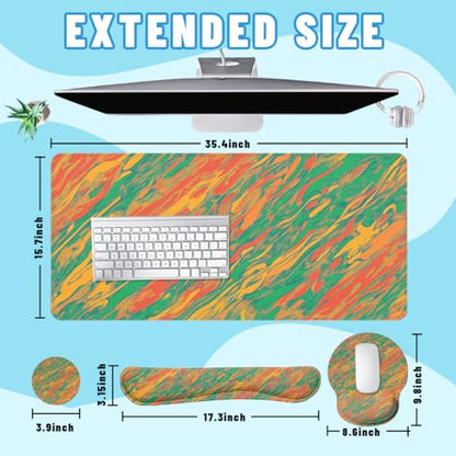 Abstract Desk Mat Set Retro Color Swirl Large Mouse Pad with Wrist Rest 4in1 Desk Mat for Desktop Ergonomic Keyboard Wrist Support Anti-Slip Computer Ergonomic Mouse Pad Home Office Gaming - color: Abstract