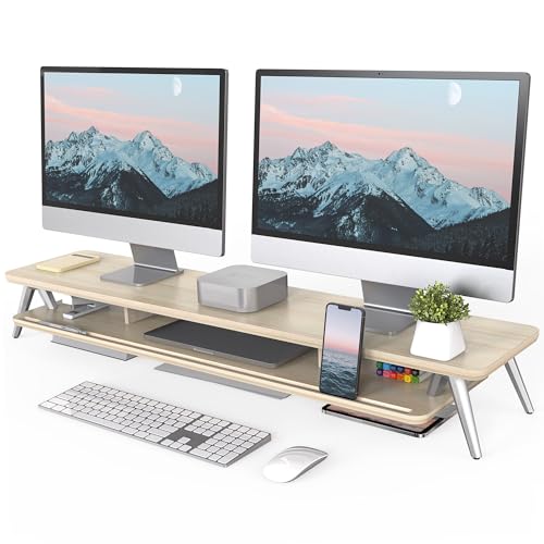 Fenge Dual Monitor Stand, Monitor Stands Riser for 2 monitors, 42.5 Inch Wood Desk Shelf with Storage Organizer and Cable Management for Office Desk Accessories - color: Oak, size: 42.5 Inch