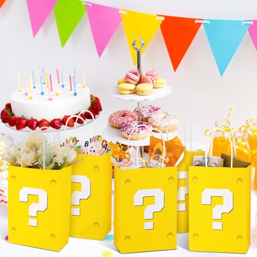 24 Pcs Yellow Party Gift Bags Video Game Themed Goodie Bag Cartoon Paper Candy Bags for Birthday Party Decorations Supplies