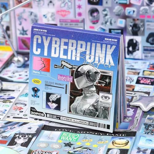Sticker Book for Junk Journal Supplies, Cyberpunk Retro Futuristic 30 Sheets DIY Scrapbook Stickers with Glitter Glossy Matte Foil, 125x125mm Blue, for Scrapbooking Journaling - color: Blue Retro-futuristic