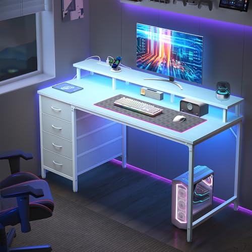 DUMOS 40 Inch Computer Desk with 4 Drawers, Gaming Desk with Power Outlets and LED Lights, Office Workstation for Small Spaces with Monitor Shelf, Writing Table for Home Office Bedroom Study White