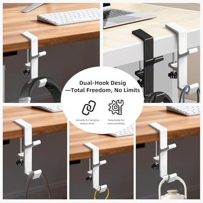 Desk Mount Bag Holder Hook Clamp,On Backpack Hanger Portable Desk Mount Headphones Holder for Reduce Desk Clutter Table Desk Table Hanging Storage (2 Pcs-Double Hook White) - color: 2 Pcs-Double Hook White