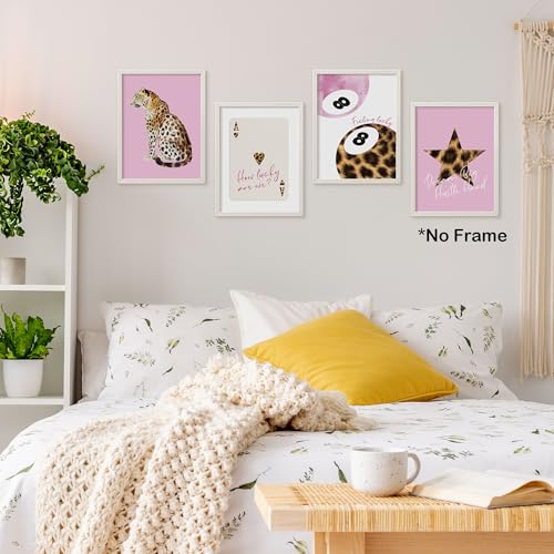 TLESKE Pink Preppy Cheetah Leopard Posters Prints Unframed 12x16 Set of 4, Trendy Lucky 8 Balls Wall Art Prints Decor for Teen Girls Dorm Bedroom Living Room, Retro Cheetah Print Wall Pictures - color: pink cheetah, size: 16L" x 12W"