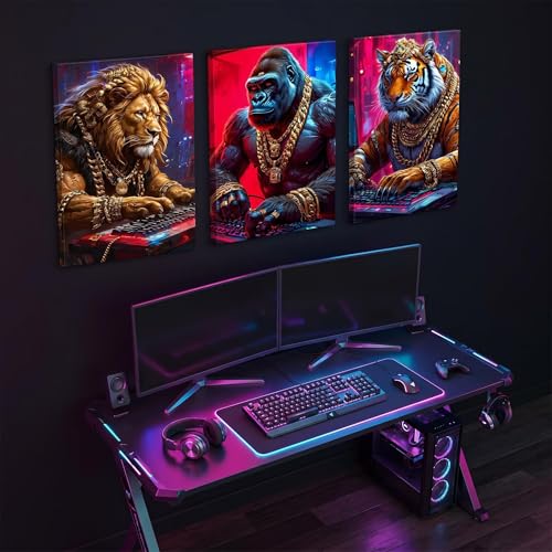 Game Room Decor Gaming Posters Video Game Wall Art Prints Set of 3 Cool Cyberpunk Animal Painting Pictures Gamer Wall Decor for Boy Teen Men Bedroom Bathroom Playroom 16x24in Framed - size: Framed16X 24Inchesx3