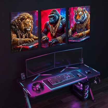 Game Room Decor Gaming Posters Video Game Wall Art Prints Set of 3 Cool Cyberpunk Animal Painting Pictures Gamer Wall Decor for Boy Teen Men Bedroom Bathroom Playroom 16x24in Framed - size: Framed16X 24Inchesx3