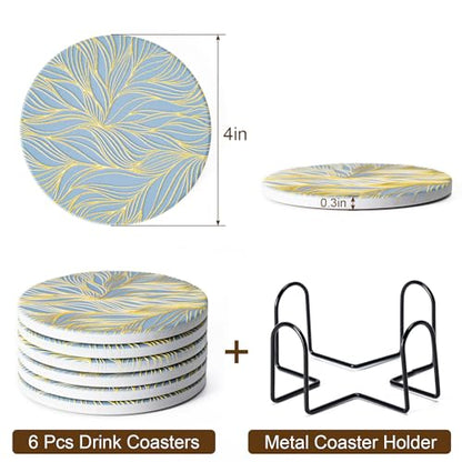 Hoewina 6Pcs Drink Coasters with Holder, Marble Style Ceramic Drink Coaster, Absorbent Coasters Set Suitable for Kinds of Cups, Modern Style Coaster for Coffee Table, 4 Inches（Gilded Relief - color: Gilded Relief