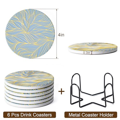 Hoewina 6Pcs Drink Coasters with Holder, Marble Style Ceramic Drink Coaster, Absorbent Coasters Set Suitable for Kinds of Cups, Modern Style Coaster for Coffee Table, 4 Inches（Gilded Relief - color: Gilded Relief