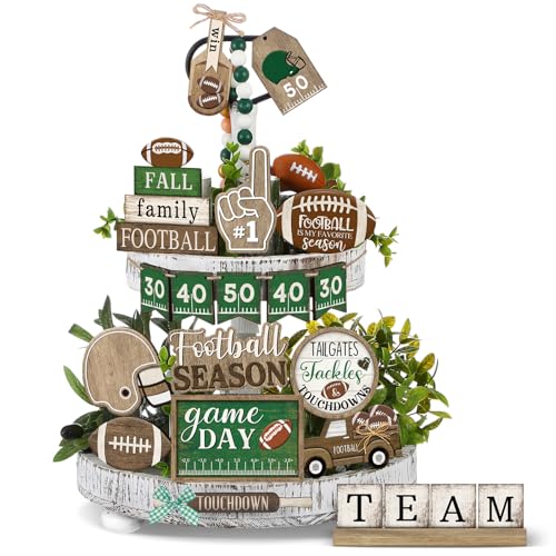 20 Pcs Football Tiered Tray Decoration Football Season Wood Signs Set Rustic Fall Team Game Day Wooden Table Centerpieces Ornament for Fans Rugby Sport Home Theme Party Supplies - style: Football