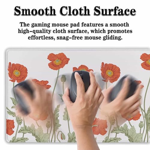 Gaming Mouse Pad Red Work Desk Mat, Large Mouse Pads Computer Deskmat, The Desk Mat Non-Slip Rubber Base Waterproof with Stitched Edges, 35.4" X 15.7" for Work/Game/Office/Home Poppies Flower - color: Red Poppies Flower
