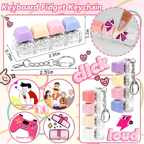 2 Pcs 4 in 1 Keyboard Fidget Toy Keychain, Clicky Button Toy Stress Relief Keychain with Swappable Keycaps, Mini Mechanical Key Fidget for Office Desk Focus Gifts (Purple Blue Pink Yellow) - color: Purple Blue Pink Yellow